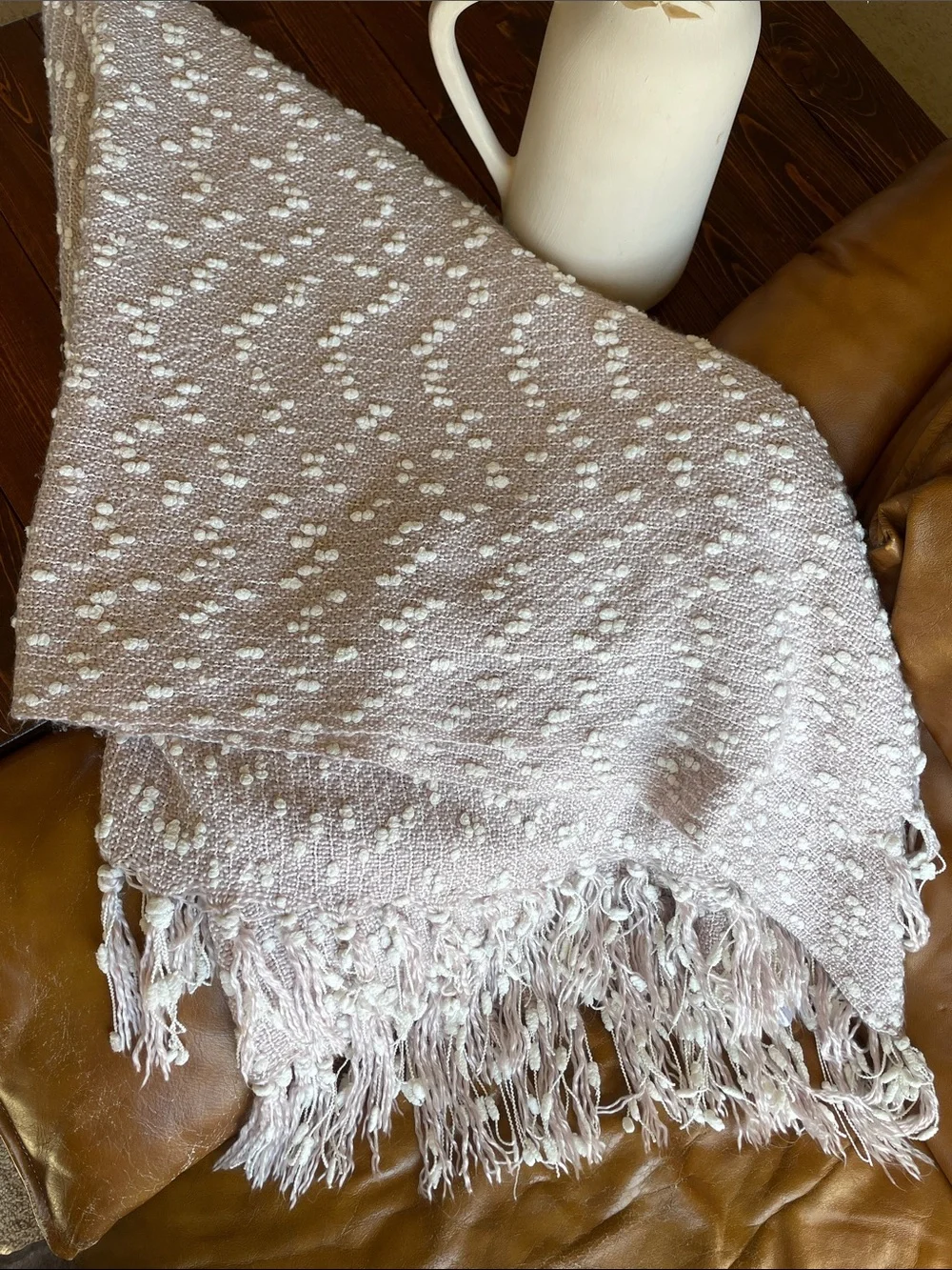 Christian Siriano Light Blush & White Chenille Throw with Fringe 58”x49” Hygge